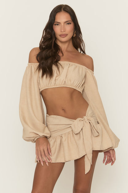 Beige Linen Look Bardot Top and Skirt Co-ord Set - Hellan