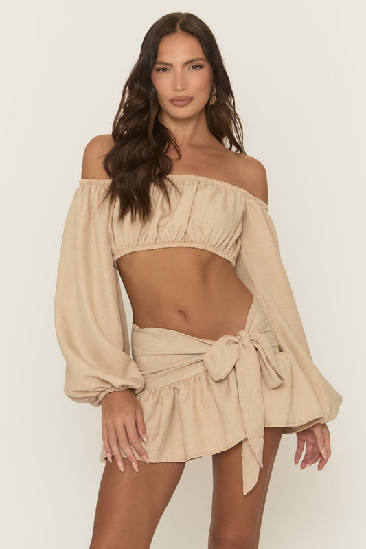 Beige Linen Look Bardot Top and Skirt Co-ord Set - Hellan