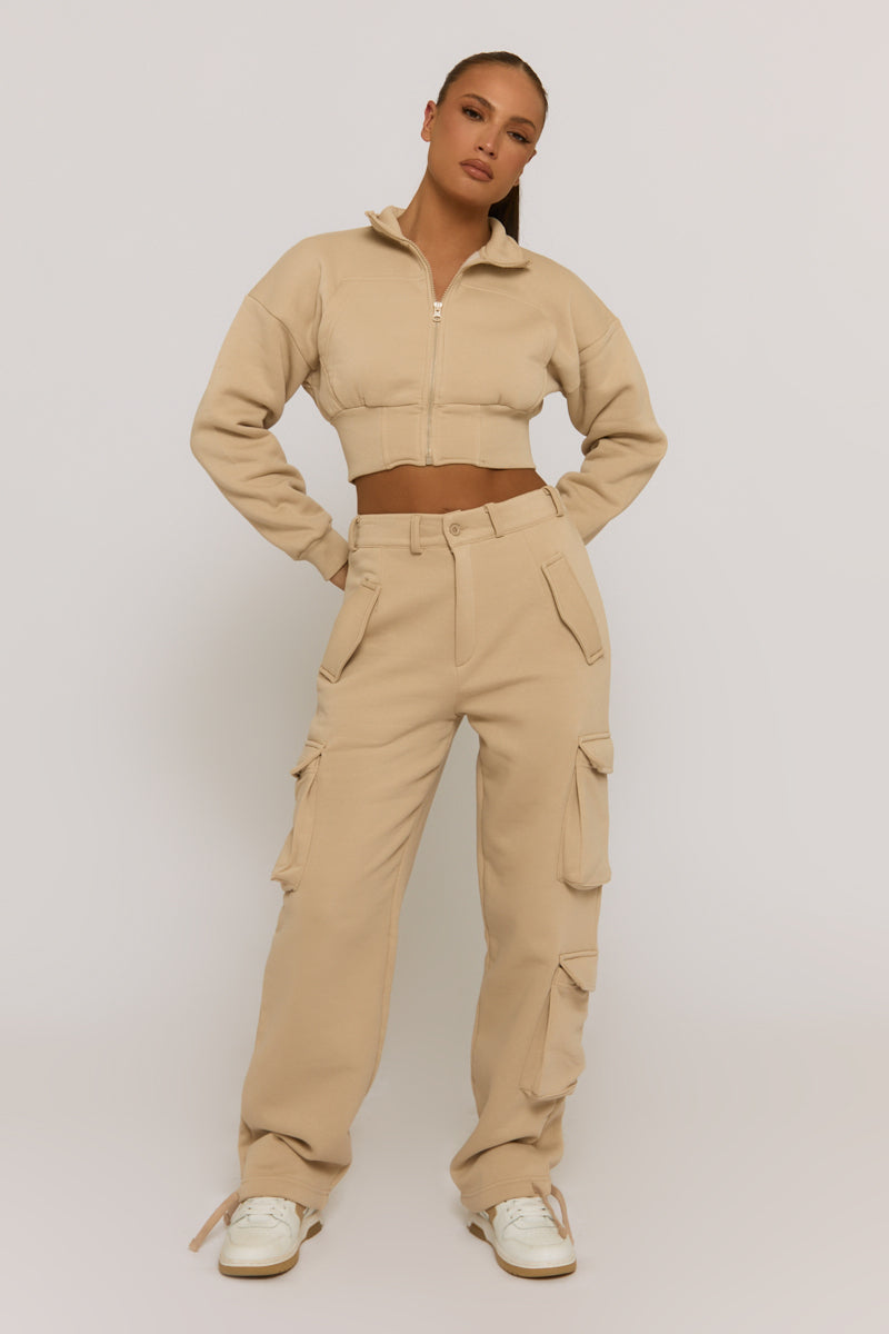 Beige Marl Cropped Cargo Lounge Co-ord Set - Lizzie