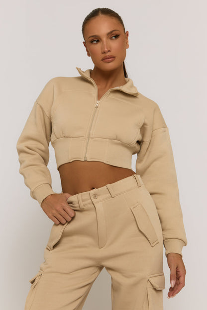 Beige Marl Cropped Cargo Lounge Co-ord Set - Lizzie