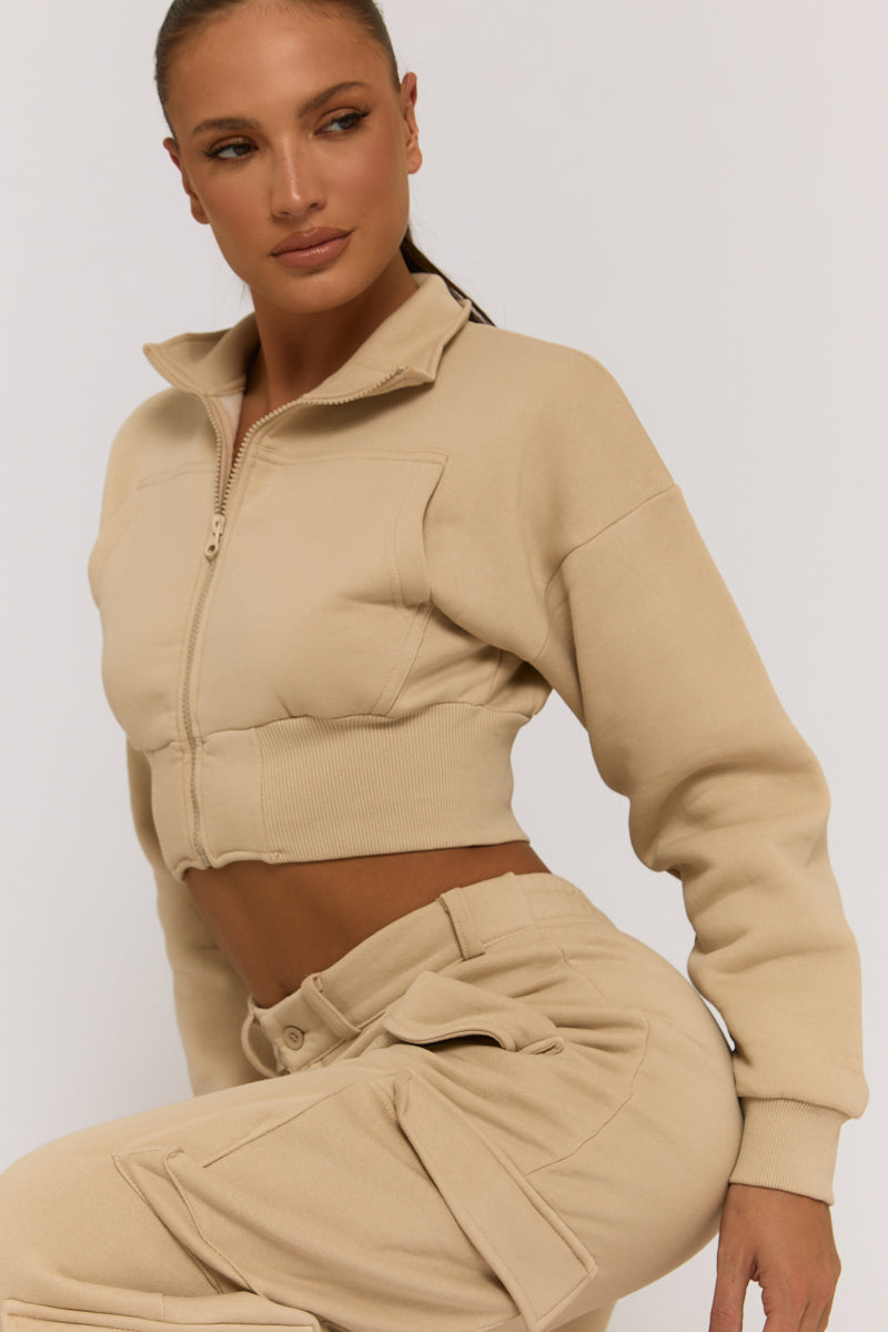 Beige Marl Cropped Cargo Lounge Co-ord Set - Lizzie
