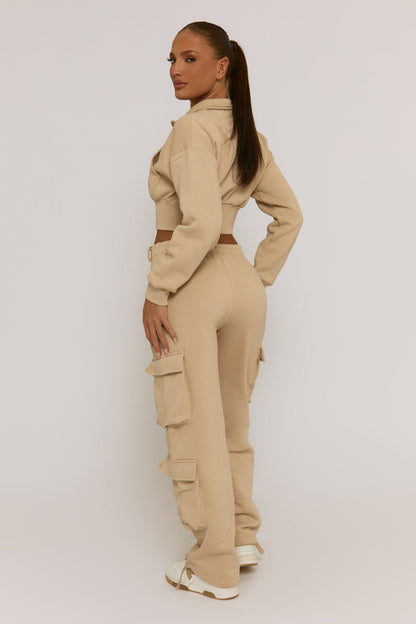 Beige Marl Cropped Cargo Lounge Co-ord Set - Lizzie