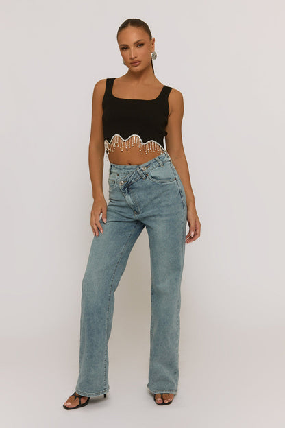 Acid Wash Blue Asymmetric Waist Wide Leg Jeans - Christi