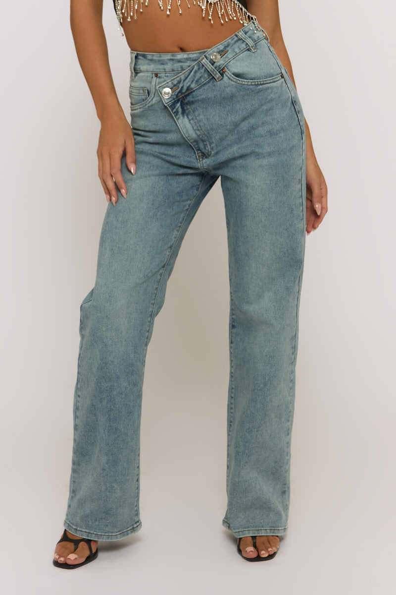 Acid Wash Blue Asymmetric Waist Wide Leg Jeans - Christi