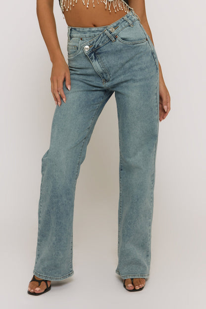 Acid Wash Blue Asymmetric Waist Wide Leg Jeans - Christi