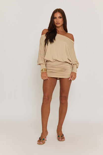 Beige Batwing Bardot Mini Dress - Clarice