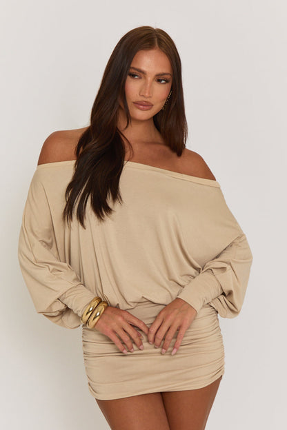 Beige Batwing Bardot Mini Dress - Clarice