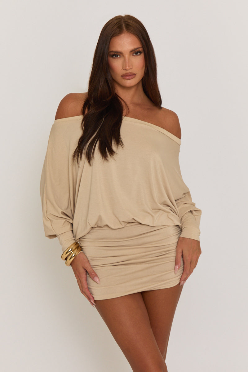 Beige Batwing Bardot Mini Dress - Clarice