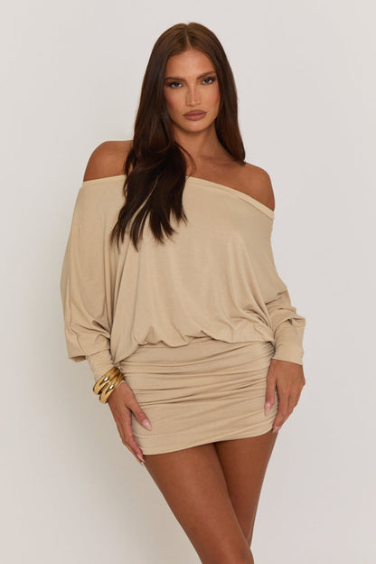 Beige Batwing Bardot Mini Dress - Clarice