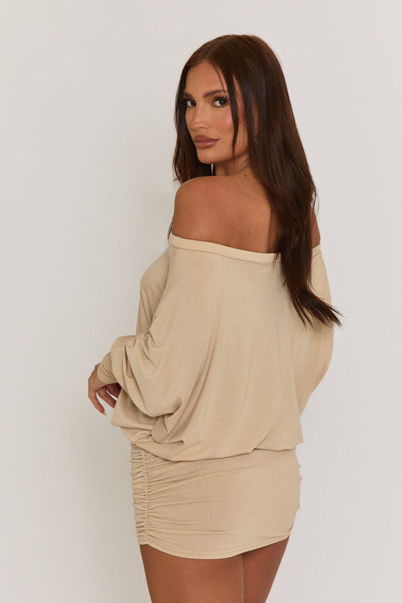 Beige Batwing Bardot Mini Dress - Clarice