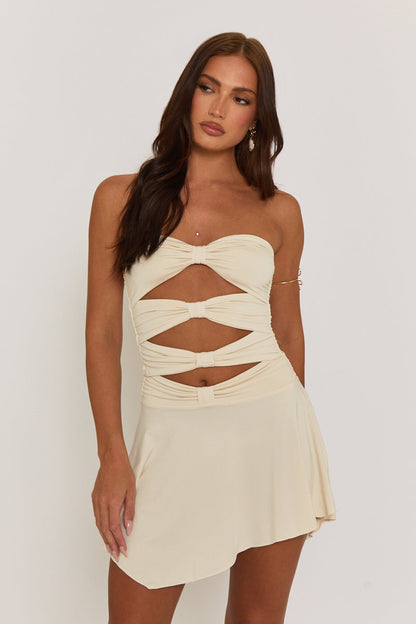 Beige Twist Front Cut Out Mini Dress - Fredrica