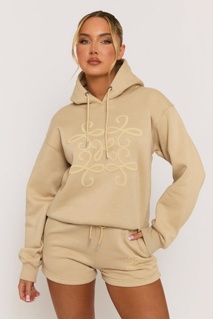 Beige Marl Swirl Motif Hoodie & Shorts Loungewear Co-ord Set - Dimity
