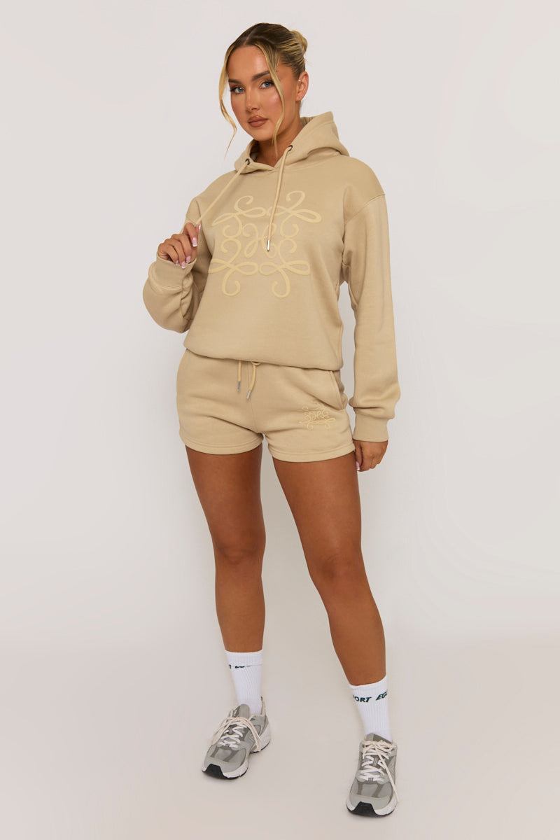 Beige Marl Swirl Motif Hoodie & Shorts Loungewear Co-ord Set - Dimity