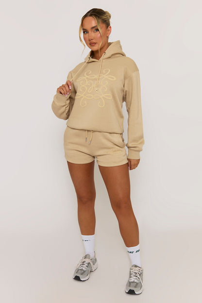 Beige Marl Swirl Motif Hoodie & Shorts Loungewear Co-ord Set - Dimity