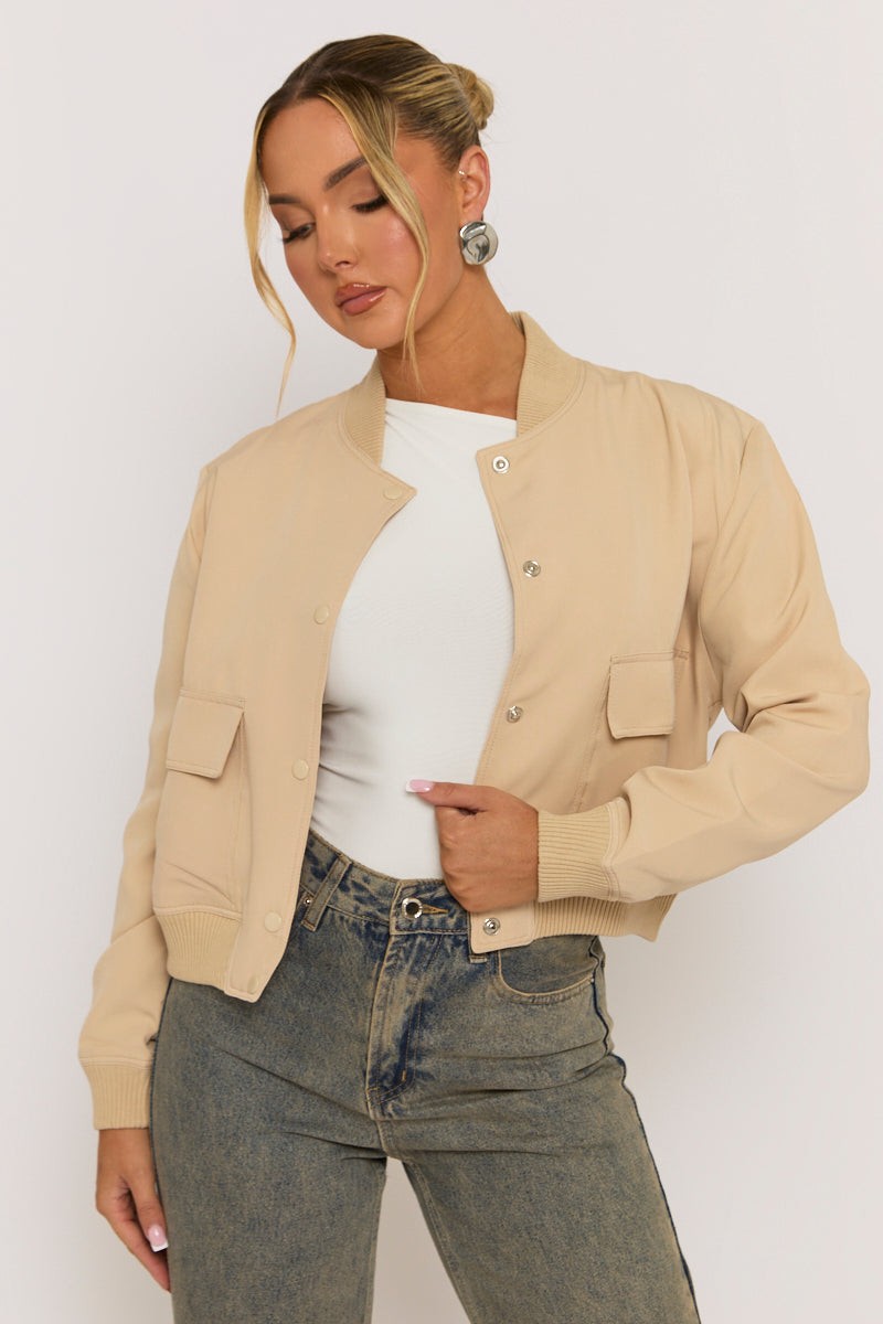 Beige Pocket Detail Bomber Jacket - Estelle