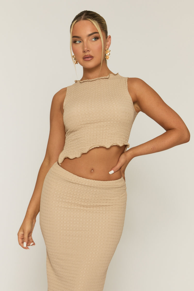 Beige Crinkle Asymmetric Top and Maxi Skirt Co-ord Set - Vegas