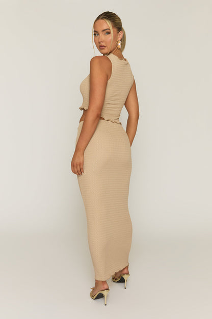 Beige Crinkle Asymmetric Top and Maxi Skirt Co-ord Set - Vegas