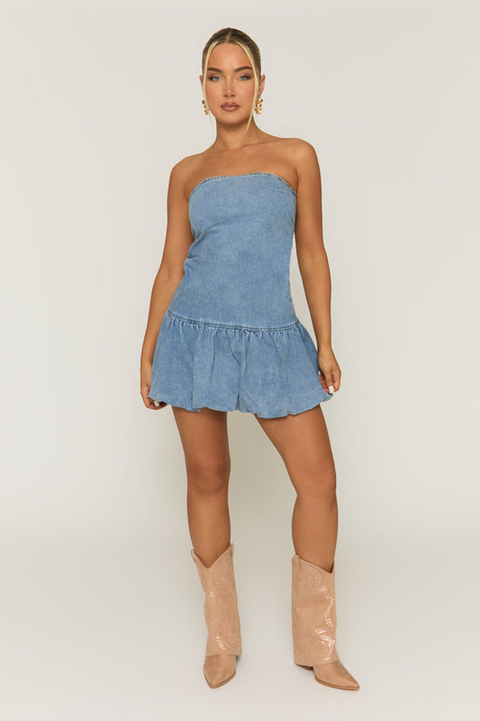 Acid Wash Blue Denim Puffball Mini Dress - Venice