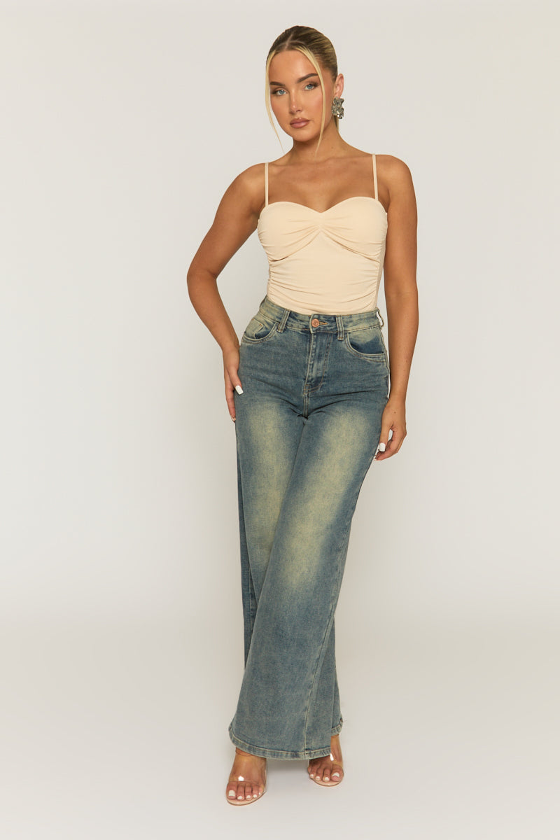 Beige Ruched Front Padded Bust Bodysuit - Budapest