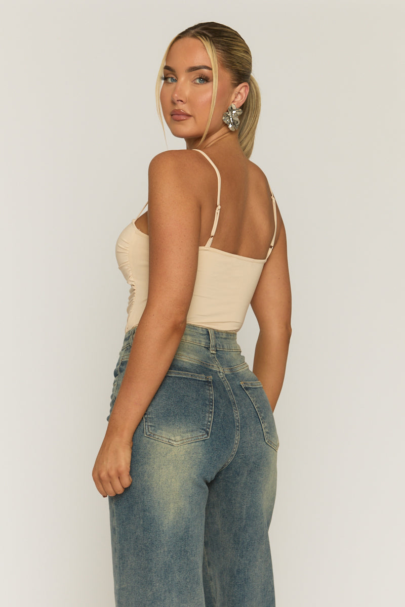 Beige Ruched Front Padded Bust Bodysuit - Budapest