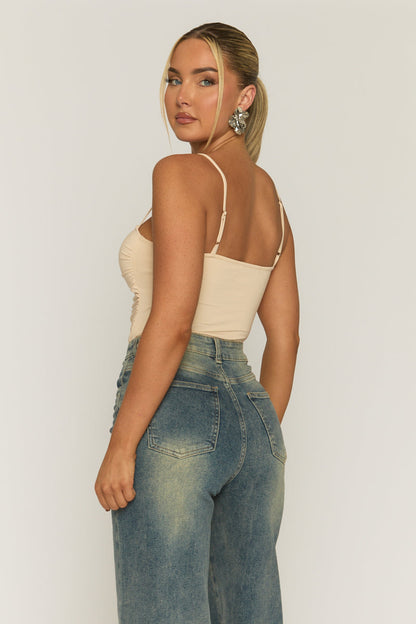 Beige Ruched Front Padded Bust Bodysuit - Budapest