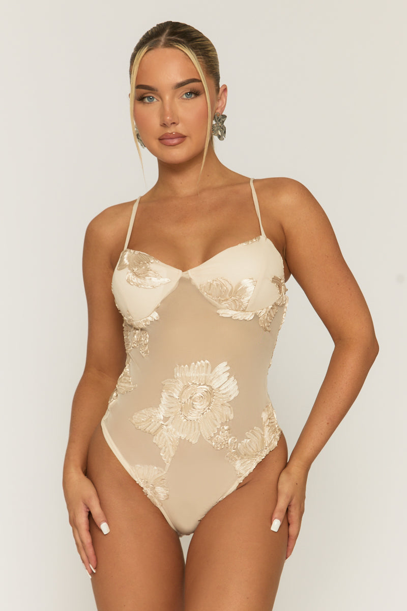Beige Floral Embroidered Mesh Bodysuit - Rouen