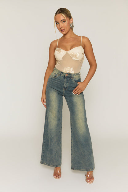 Beige Floral Embroidered Mesh Bodysuit - Rouen