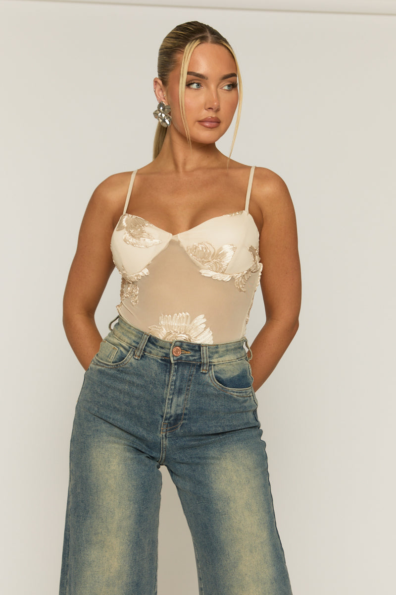 Beige Floral Embroidered Mesh Bodysuit - Rouen
