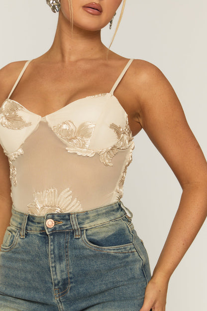 Beige Floral Embroidered Mesh Bodysuit - Rouen