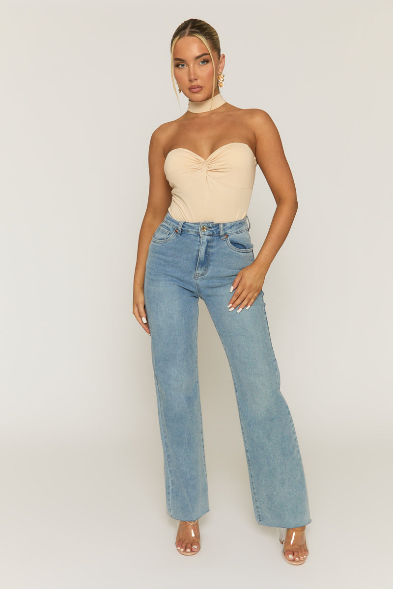 Beige Ruched Bust Choker Detail Bodysuit - Singapore