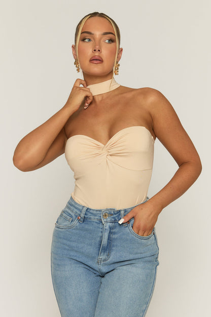 Beige Ruched Bust Choker Detail Bodysuit - Singapore