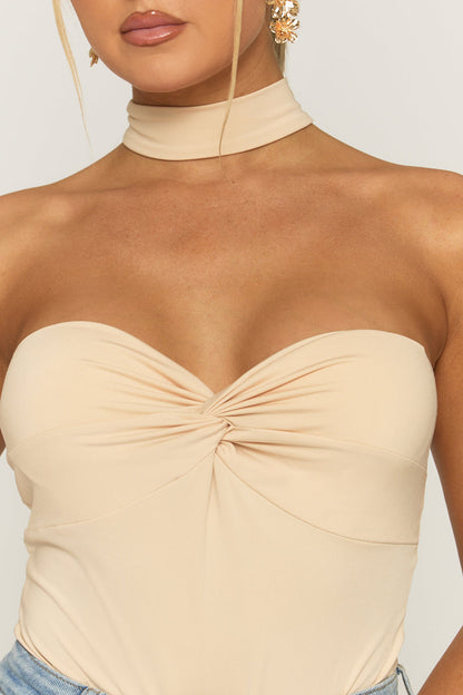 Beige Ruched Bust Choker Detail Bodysuit - Singapore
