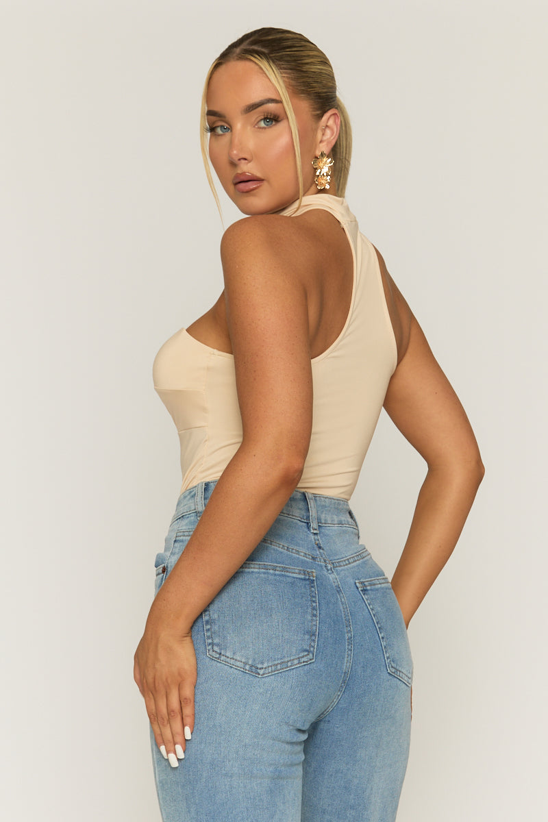 Beige Ruched Bust Choker Detail Bodysuit - Singapore