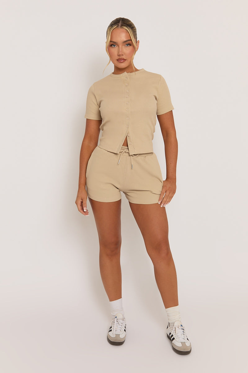 Beige Rib Button Front Top and Short Co-ord Set - Dua