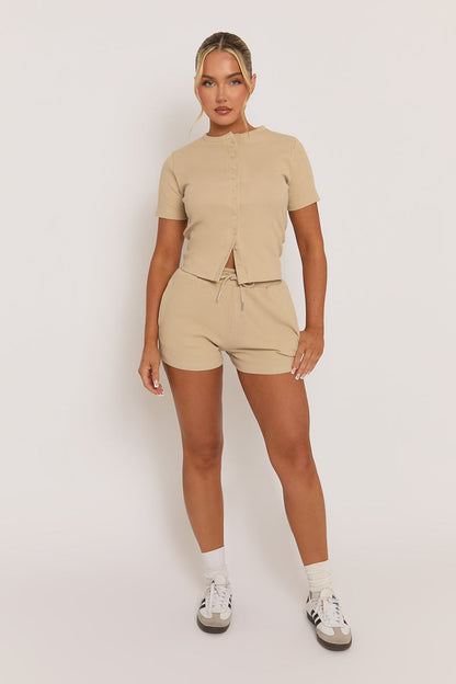 Beige Rib Button Front Top and Short Co-ord Set - Dua