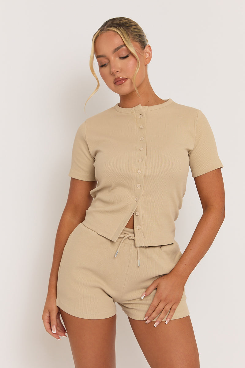 Beige Rib Button Front Top and Short Co-ord Set - Dua