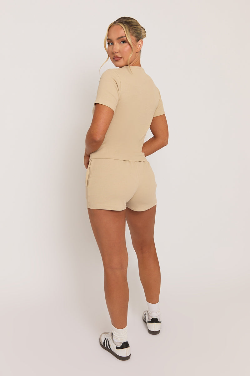 Beige Rib Button Front Top and Short Co-ord Set - Dua