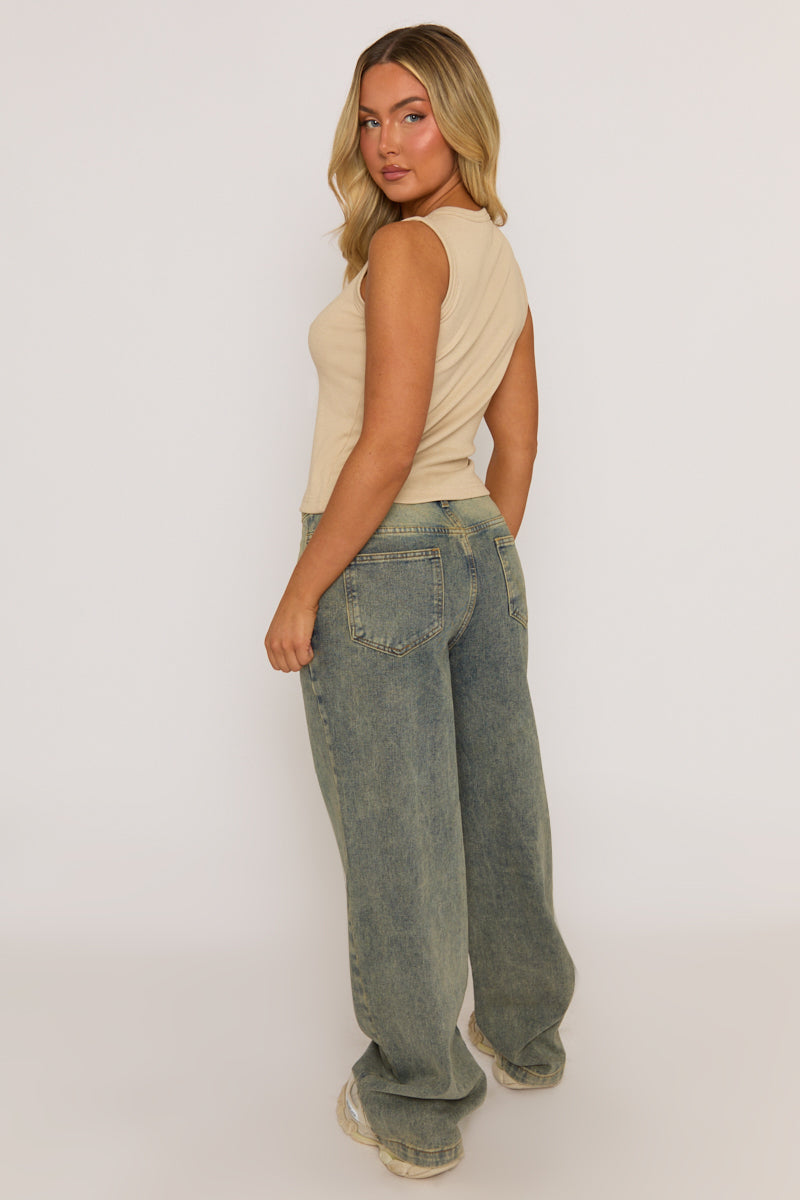 Beige Sleeve Button Up Rib Top - Nikolina