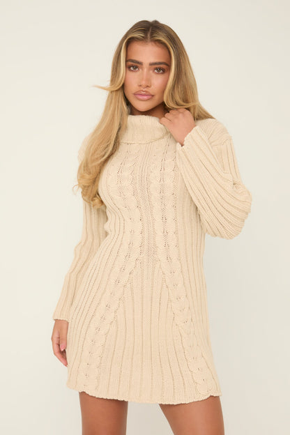 Beige Knitted Roll Neck Mini Jumper Dress - Daisy