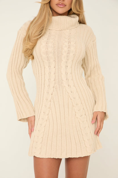 Beige Knitted Roll Neck Mini Jumper Dress - Daisy