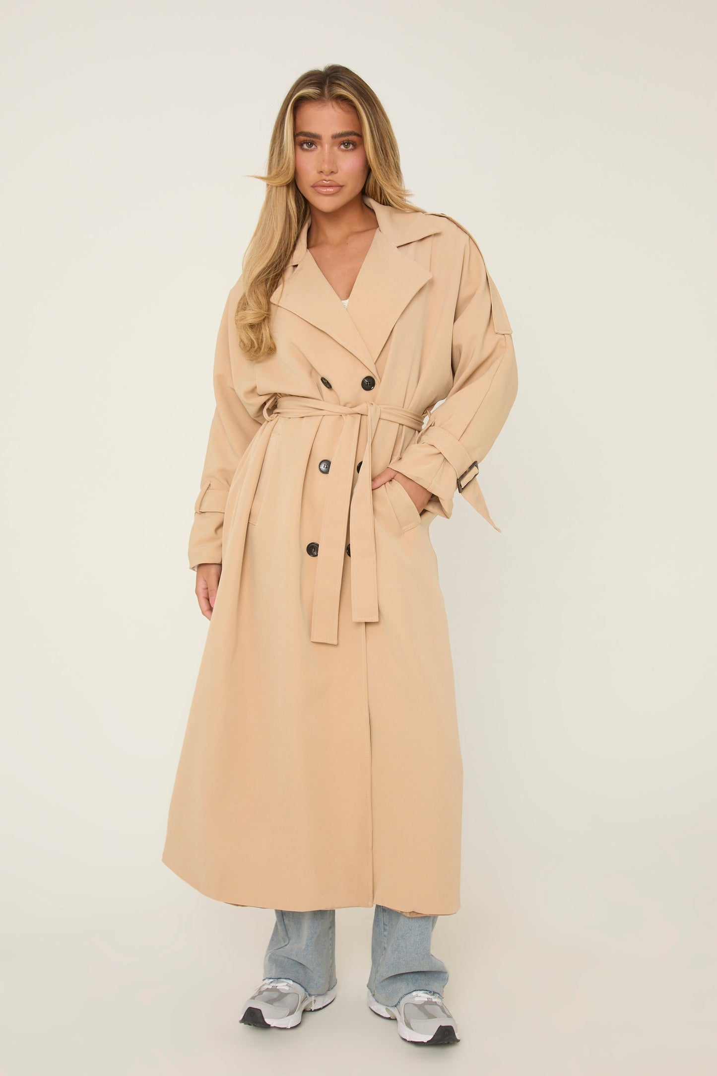 Beige Double Breasted Tie Sleeve Longline Oversized Trench Coat - Annmarie