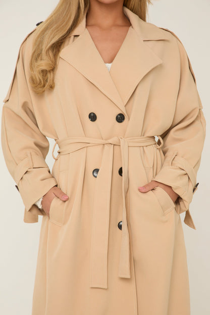 Beige Double Breasted Tie Sleeve Longline Oversized Trench Coat - Annmarie