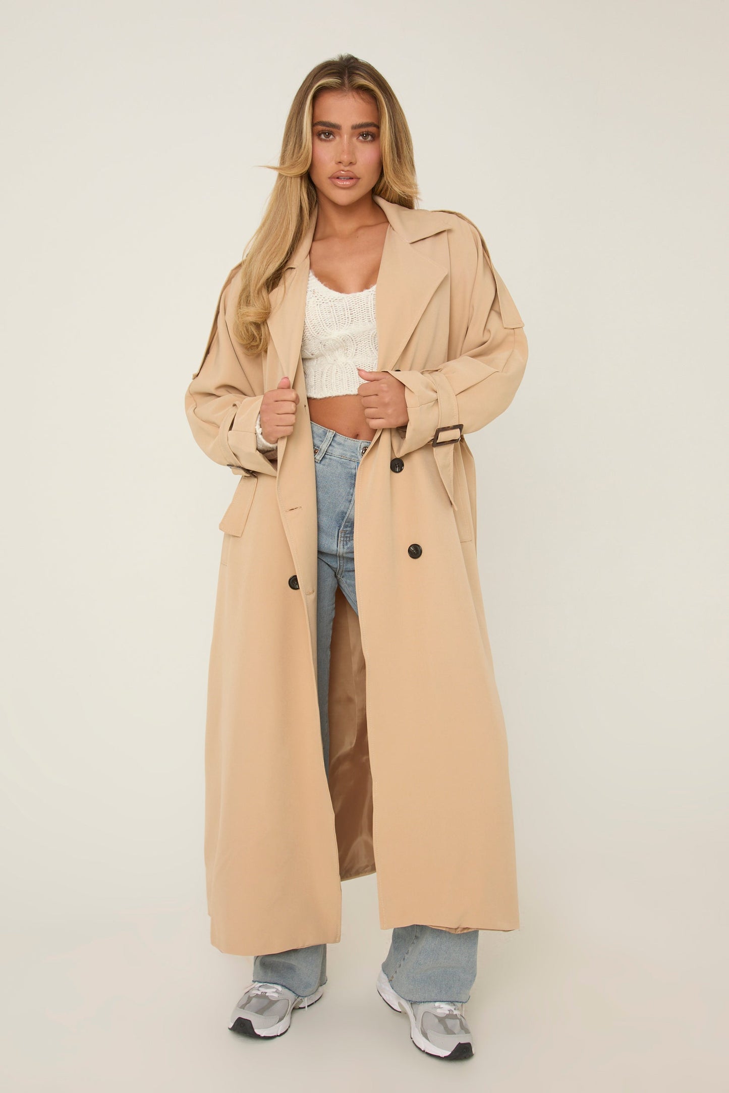 Beige Double Breasted Tie Sleeve Longline Oversized Trench Coat - Annmarie