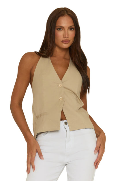 Beige Halterneck Tie Back Waistcoat - Aimee