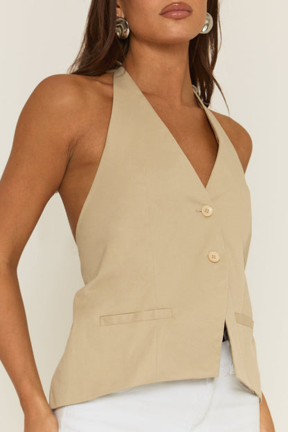 Beige Halterneck Tie Back Waistcoat - Aimee