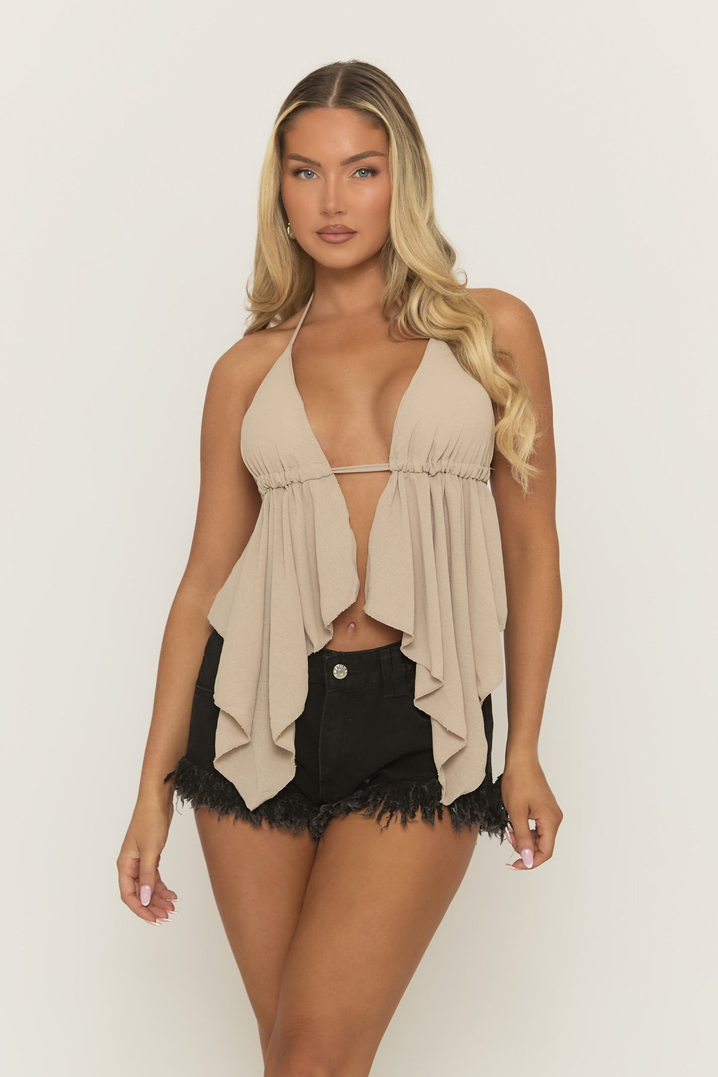 Beige Waterfall Hem Tie Back Top - Elma