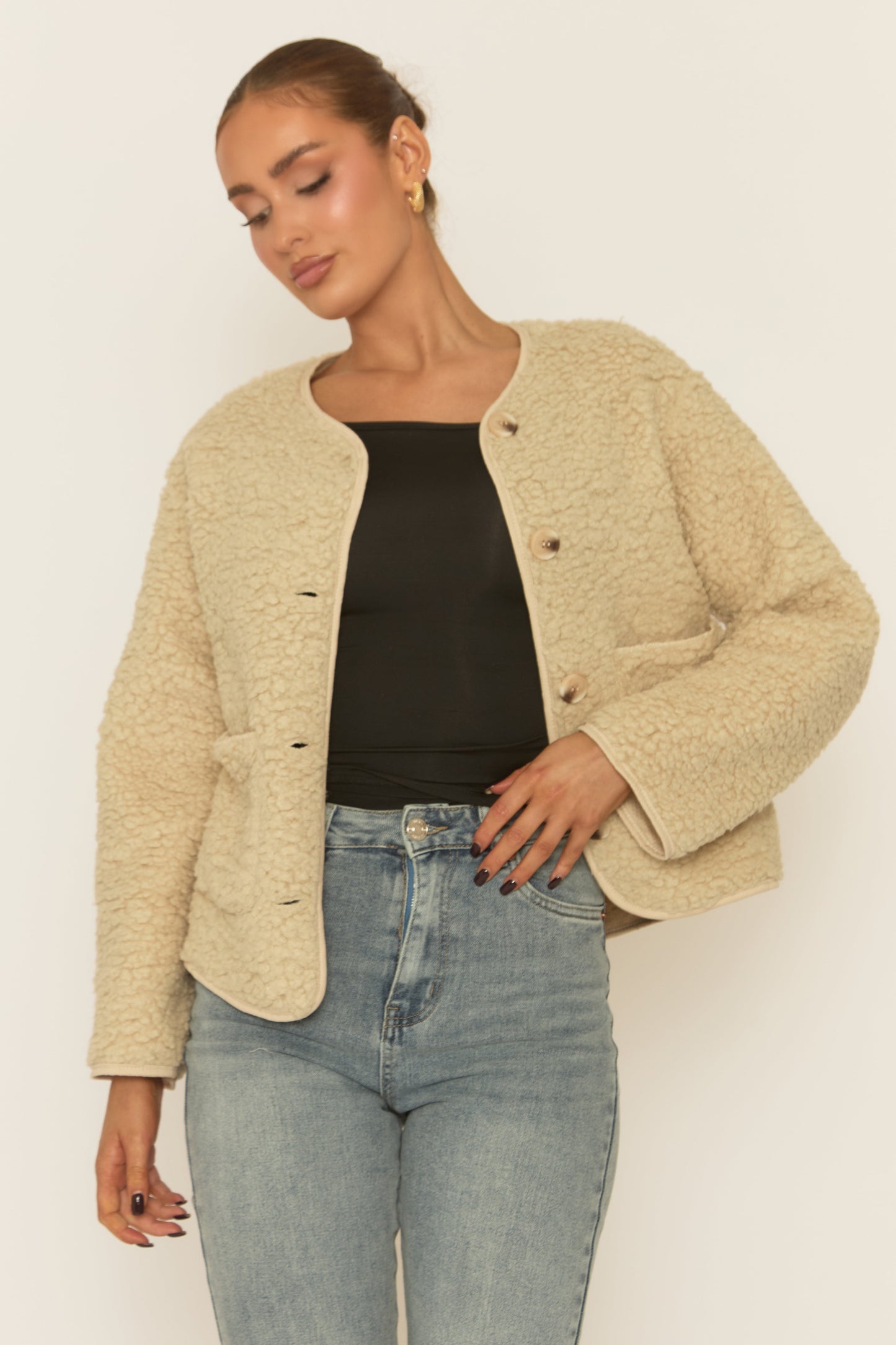 Beige Button Front Borg Jacket - Kiyra
