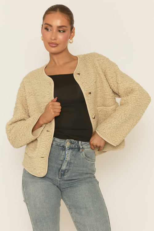Beige Button Front Borg Jacket - Kiyra