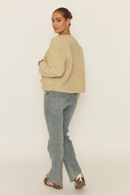 Beige Button Front Borg Jacket - Kiyra