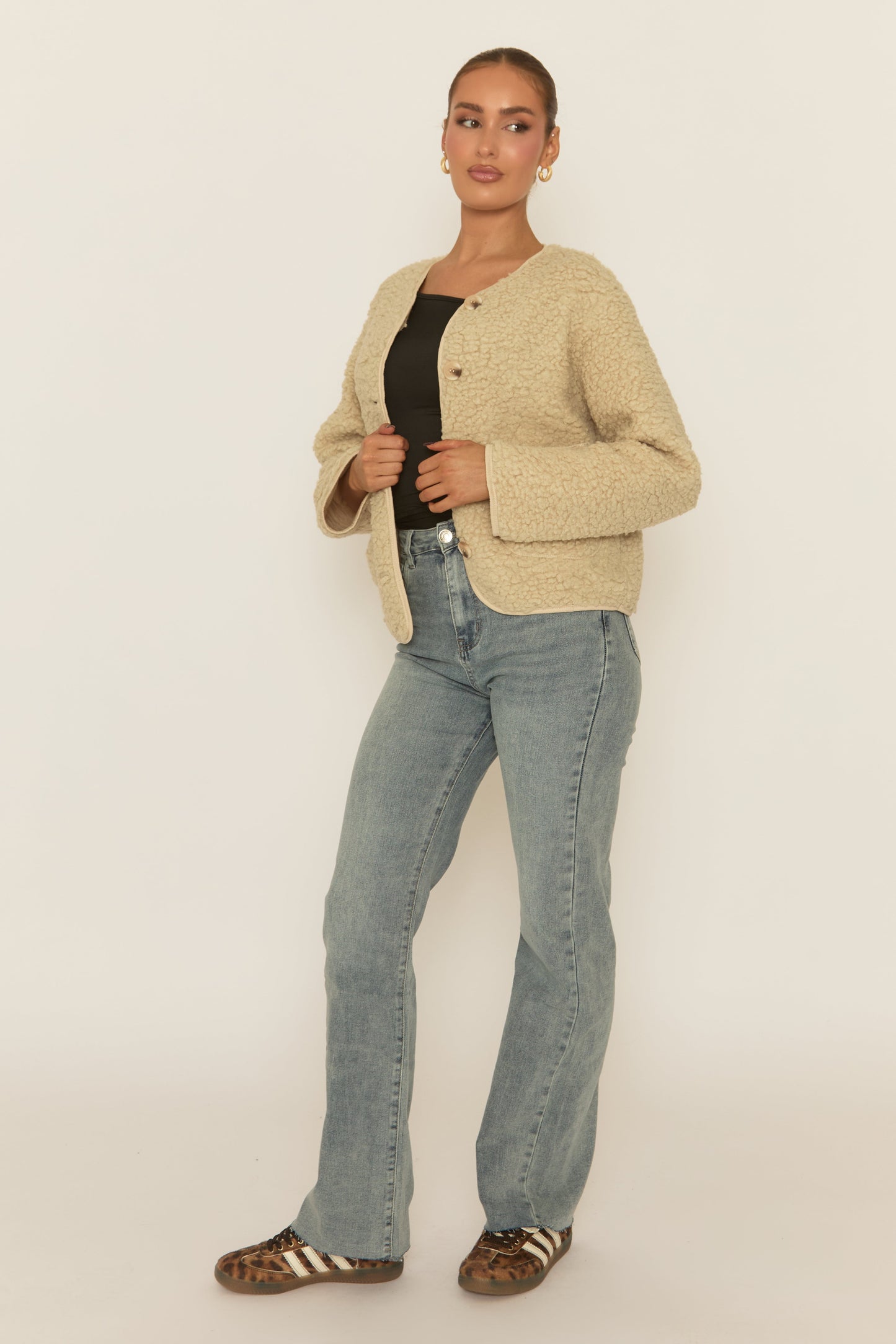 Beige Button Front Borg Jacket - Kiyra